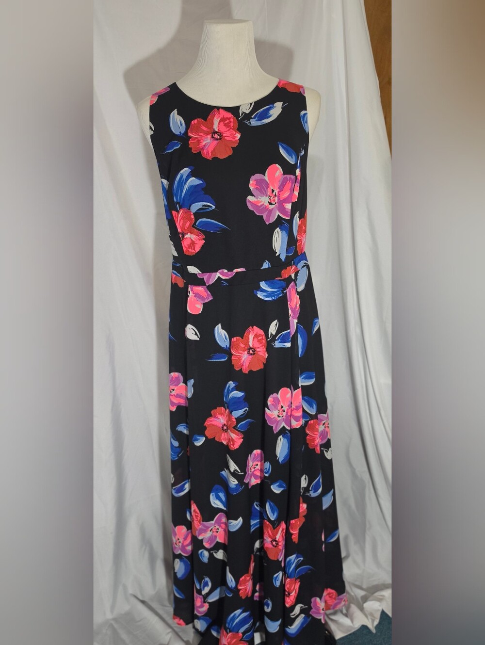 Floral Maxi Dress in Black with Pink & Blue Blooms